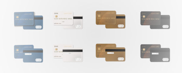 Set of mockups of credit and gift bank cards. Vector template of plastic bank cards png on transparent background.	
