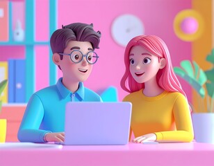 Two young cartoon characters a boy and a girl collaborate on a laptop in a bright colorful office