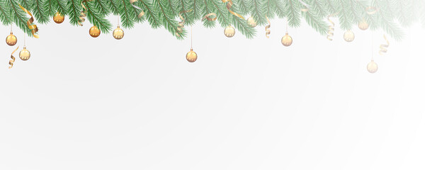 Garland of spruce branches. Christmas holiday decorations, realistic live fir tree effect with decorations for poster banners, png vector.