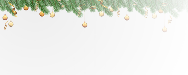 Garland of spruce branches. Christmas holiday decorations, realistic live fir tree effect with decorations for poster banners, png vector.