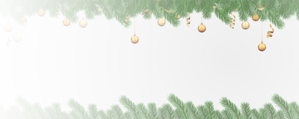 Garland of spruce branches. Christmas holiday decorations, realistic live fir tree effect with decorations for poster banners, png vector.