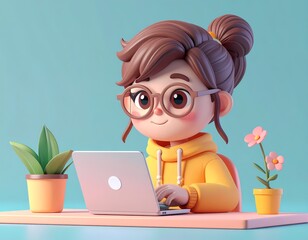 Adorable 3d cartoon girl with glasses working on a laptop with plants