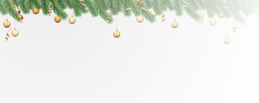 Garland of spruce branches. Christmas holiday decorations, realistic live fir tree effect with decorations for poster banners, png vector.