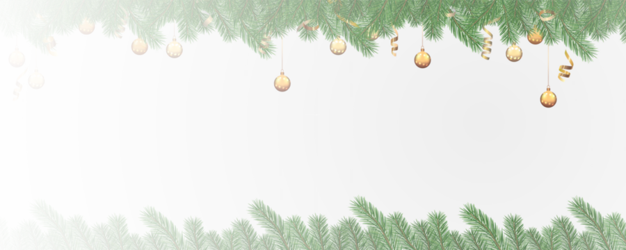 Garland of spruce branches. Christmas holiday decorations, realistic live fir tree effect with decorations for poster banners, png vector.