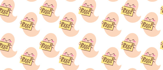 Seamless pattern of a cheerful ghost playfully scaring people with a 