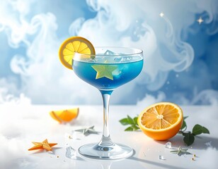 Refreshing blue cocktail with citrus and ice, served with a star garnish and a dreamy cloud backdrop.