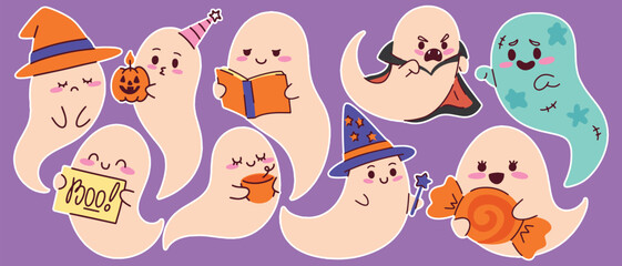 Set of nine unique ghost characters on a purple background. Includes a vampire, wizard, and zombie, plus ghosts reading, holding a pumpkin, or drinking. Perfect for Halloween party decorations.