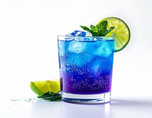 Vibrant layered blue and purple cocktail with lime and mint garnish, perfect for summer refreshment.