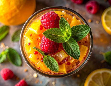 Vibrant tropical fruit smoothie topped with fresh raspberries and mint, a refreshing summer drink. - Powered by Adobe