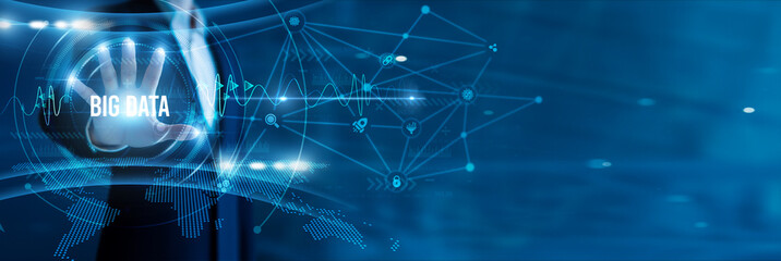 Businessman hand hold text big data, large-scale analytics, structured and unstructured data, predictive modeling, AI integration, business forecasting, and advanced decision-making.