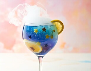 Whimsical galaxy cocktail with smoky effect and citrus garnish, perfect for celebrations.