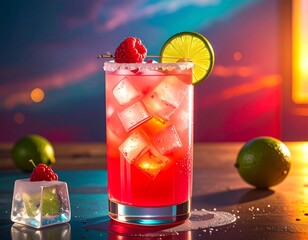 Refreshing pink cocktail with lime and raspberry garnish, perfect for a summer sunset.