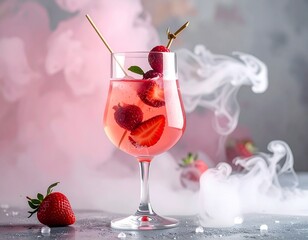 Refreshing pink cocktail adorned with fresh strawberries and raspberries, swirling with dramatic smoke.