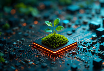 eco friendly technology and sustainable future on computer chip board with green seedling growing