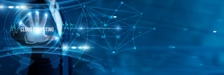 Businessman hand hold text cloud computing, scalable infrastructure, virtual servers, SaaS platforms, distributed storage, on-demand resources, and enterprise digital transformation.