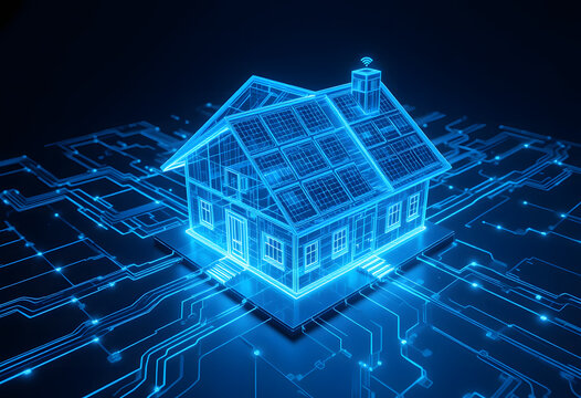 glowing holographic smart house with solar panels on digital circuit board