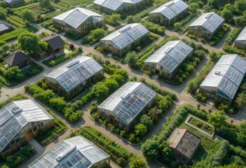 aerial view of modern agricultural complex with greenhouses equipped with solar panels in green environment