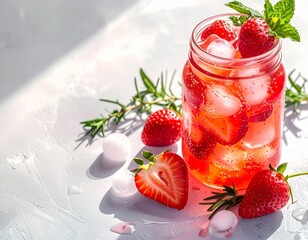Refreshing strawberry infused water with ice and mint in a mason jar on a bright sunny day