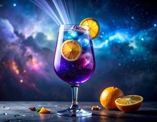Vibrant cosmic cocktail with citrus and ice, glowing against a swirling nebula background.
