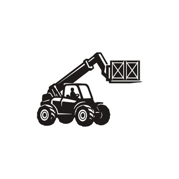 Construction Vehicle with Fork and Bucket, Telehandler Loader Operations icon logo flat vector design
