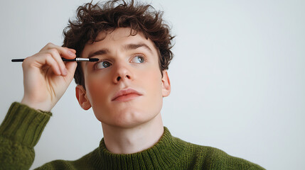 Obraz premium Young man applying eyebrow gel with a brush, looking upward thoughtfully. Soft lighting emphasizes his features against a neutral backdrop.