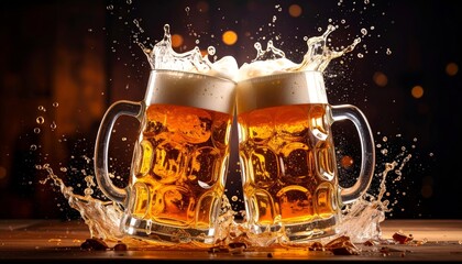Two overflowing beer mugs clink together, creating a celebratory splash of liquid.