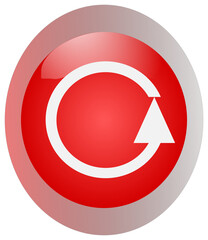 Glossy red circular button with a white arrow forming a circular reload or refresh symbol in the center; modern icon design for digital or web interfaces.