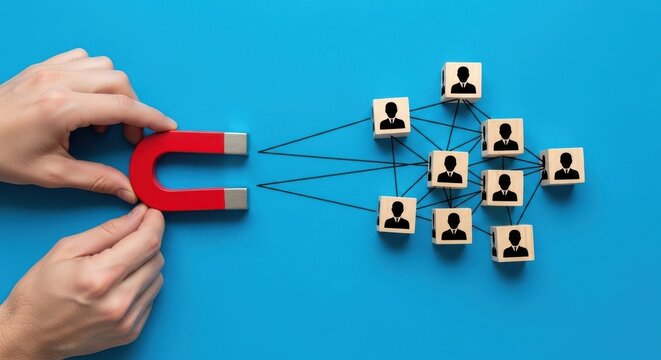 Magnet attracting human profile icons for recruitment and team building concept