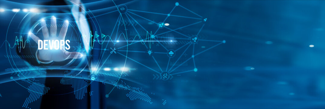 Businessman hand hold text DevOps, agile collaboration, CI/CD pipelines, automated deployment, continuous testing, scalable infrastructure, and faster software delivery.