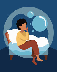 A person lying in bed surrounded by an invisible bubble of anxiety and worries that keeps them ped and unable to rest.. Vector illustration