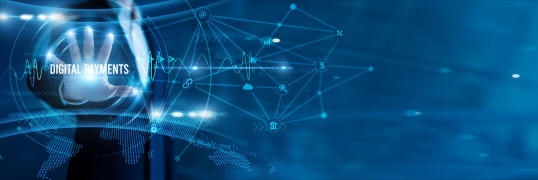 Businessman hand hold text digital payments, secure transactions, mobile wallets, online banking, fintech innovation, blockchain solutions, and cashless commerce.