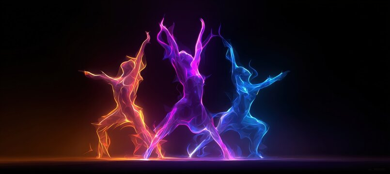 Neon Dancers Forming Trophy Shape in Stylized Digital Artwork