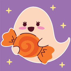 A joyful ghost holds a large orange candy treat on a purple background with a white outline and stars.