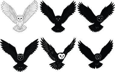 Flying owl vector illustration, stylized bird in motion, black and white wildlife design, symmetrical wings, nocturnal animal art, isolated graphic