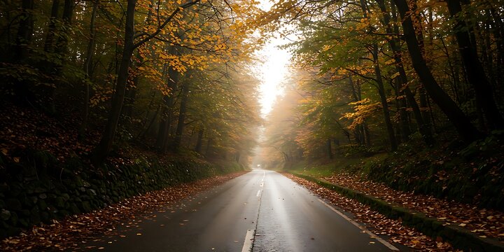 A wet asphalt road disappears into a misty, sunlit autumn forest with colorful trees and fallen leaves. - Powered by Adobe