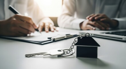 Real estate signing contract with house key for new home