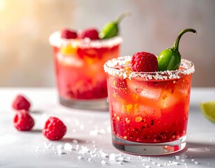 Refreshing spicy raspberry cocktails garnished with chili and berries, perfect for a summer celebration.
