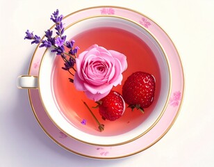 Delicate pink tea infused with rose, lavender, and fresh strawberries in a beautiful teacup.