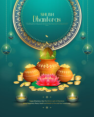 Happy Dhanteras Celebration - Poster Template Design With Pots of Gold Coin, Diya and Decorative Arch. Auspicious Hindu Festival Symbolizing Prosperity and Wealth. Hindu Festival Background.