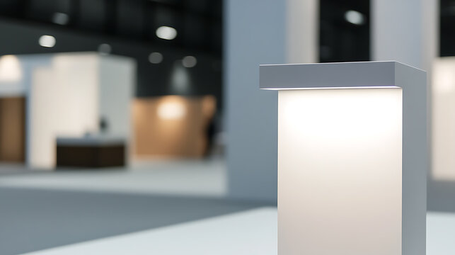 A modern exhibit space featuring minimalist architectural lighting, creating a bright and inviting atmosphere for visitors. Exhibition stand concept.