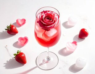 Refreshing pink cocktail with rose petal ice and strawberries, perfect for a romantic celebration.