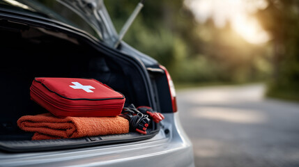 A tidy car trunk with neatly arranged emergency gear, jumper cables coiled beside a red first aid kit and orange blanket, soft sunlight reflecting off metallic surfaces, realistic