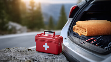 A tidy car trunk with neatly arranged emergency gear, jumper cables coiled beside a red first aid kit and orange blanket, soft sunlight reflecting off metallic surfaces, realistic
