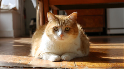 Ginger and white cat sitting on a sunny wooden floor, basking in the sunlight streaming in from a nearby window.