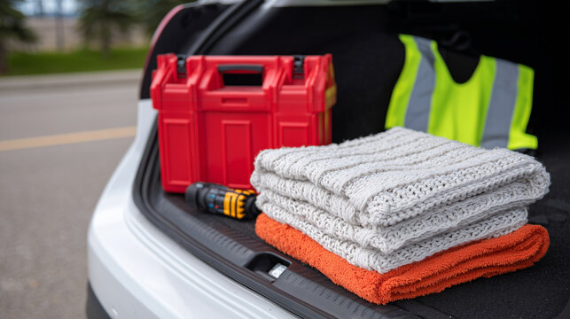 Emergency preparedness concept showing open trunk with red first aid kit, flashlight, jumper cables, orange blanket, and reflective vest arranged neatly, photographed under clear d