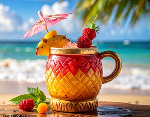 Refreshing tropical cocktail garnished with fruit and umbrella on a sunny beach