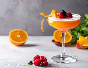 Vibrant citrus cocktail garnished with fresh berries and orange peel, a refreshing summer drink.
