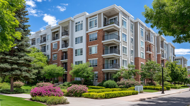 Stylish mid-rise residential property featuring red brick, beige siding, and wide balconies, surrounded by trimmed hedges and bright green grass, clear blue sky accentuating archit