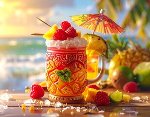 Refreshing tropical cocktail garnished with fruit and umbrella on a sunny beach