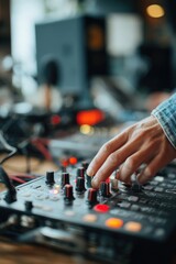 Fototapeta premium Close-up of Hands Adjusting Audio Interface in Creative Studio